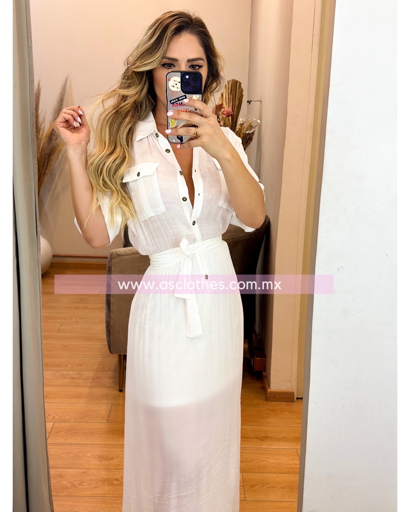 VESTIDO MANGA CORTA CON BOTONES Y CINTO TIPO LINO