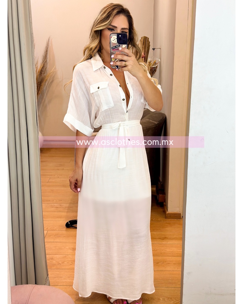 VESTIDO MANGA CORTA CON BOTONES Y CINTO TIPO LINO