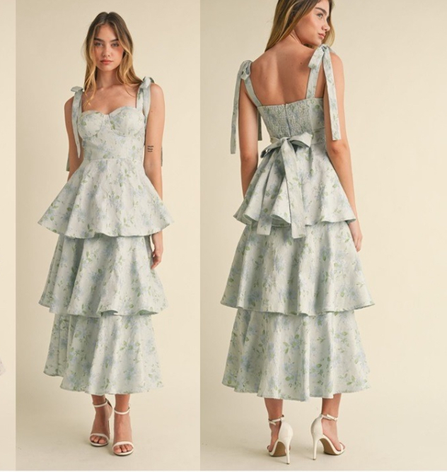 MIDI DRESS JACQUARD FLORAL CON CAPAS Y LAZO EN LOS HOMBROS PARA FORMAR MOÑO 