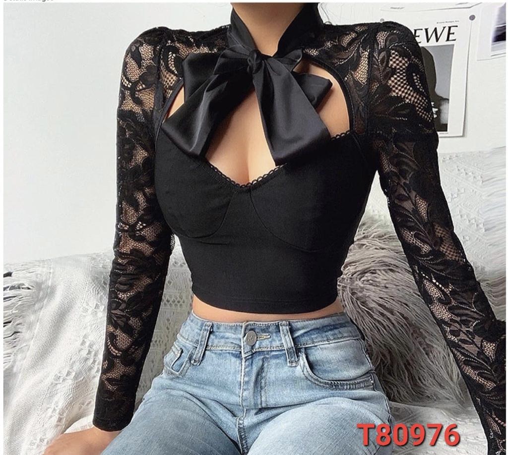 BLUSA CON MOÑO MANGAS ENCAJE