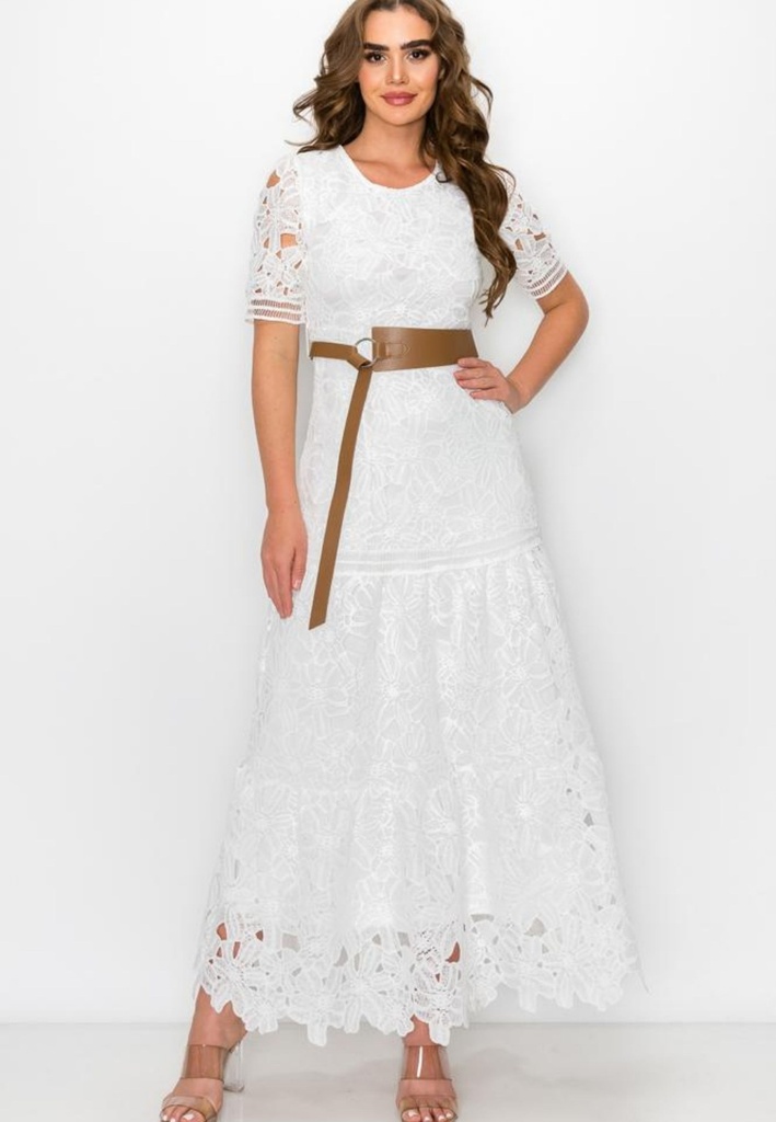 MAXI DRESS MANGA CORTEA  ENCAJE  CON CINTO