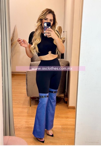 PANTALON COMBINADO MEZCLILLA/NEG CON CINTILLO EN RODILLAS
