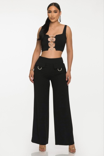 CONJUNTO PANTALON Y CROP TOP TIRANTES CON ARGOLLAS Y PEDRERIA 