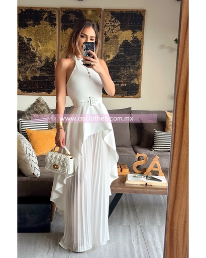 TRAJE PANTALON PLISADO Y BLUSA LARGA HALTER CON CINTO