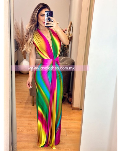 MAXI DRESS ONDAS ESCOTE V MULTICOLOR