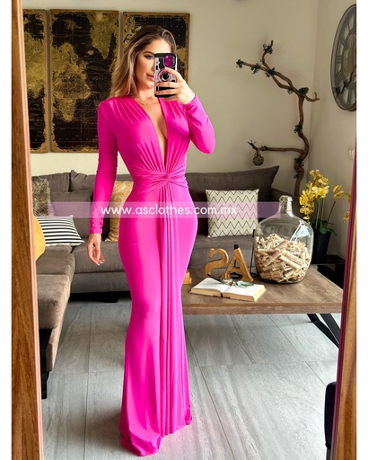 MAXI DRESS MANGA LARGA ESCOTE V DRAPEADO