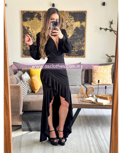MAXIDRESS ASIMETRICO RUFFLES MANGA LARGA
