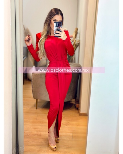 MAXI DRESS MANGA LARGA ESCOTE CERRADO CON TELA CRUZADA AL FRENTE