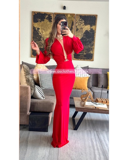 MAXI DRESS MANGA LARGA ESCOTE V CON ARGOLLA AL FRENTE