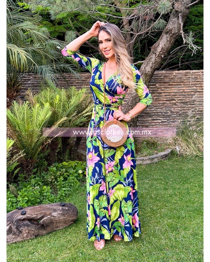 MAXI DRESS ESCOTE CRUZADO PRINT HOJAS Y CINTILLO