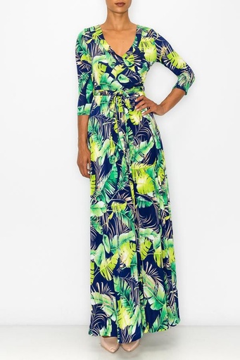 MAXI DRESS ESCOTE CRUZADO PRINT HOJAS Y CINTILLO