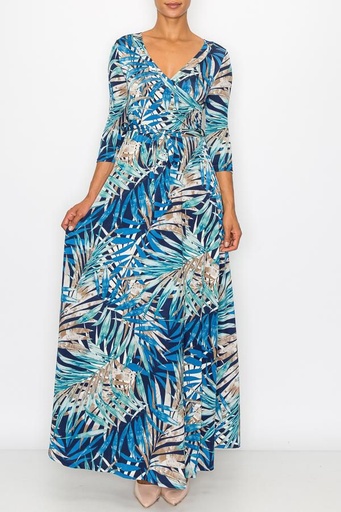 MAXI DRESS ESCOTE CRUZADO PRINT HOJAS Y CINTILLO