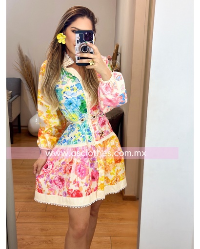 [16299-UNITALLA] MINI DRESS MANGA LARGA ROSAS MULTICOLOR