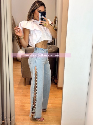 PANTALON MEZCLILLA CON CADENITAS PIEDRAS A LOS LADOS
