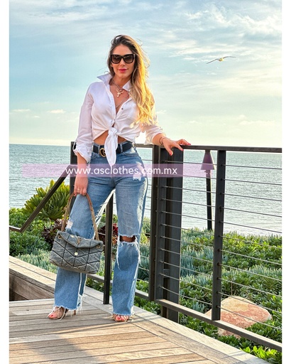 PANTALON A LA CINTURA MEZCLILLA CON CIERRE