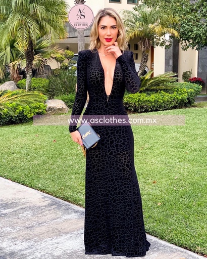 MAXI DRESS MANGA LARGA ESCOTE V PRINT TERCIOPELO