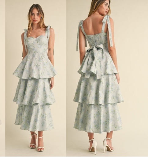 MIDI DRESS JACQUARD FLORAL CON CAPAS Y LAZO EN LOS HOMBROS PARA FORMAR MOÑO 