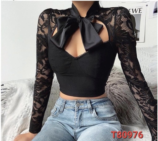 BLUSA CON MOÑO MANGAS ENCAJE