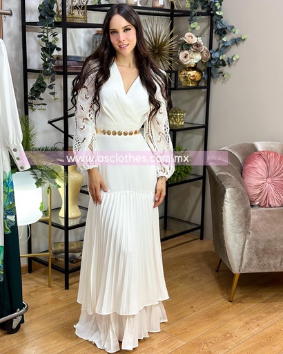 MAXI DRESS TABLONES CON CINTO Y ENCAJE EN MANGAS