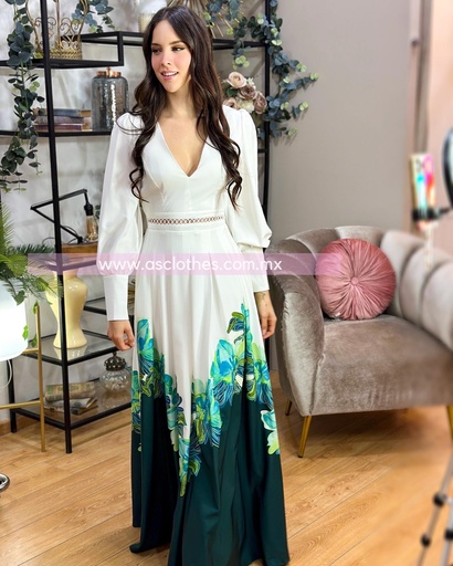 MAXI DRESS ENCAJE CINTURA CONMBINADO COLOR