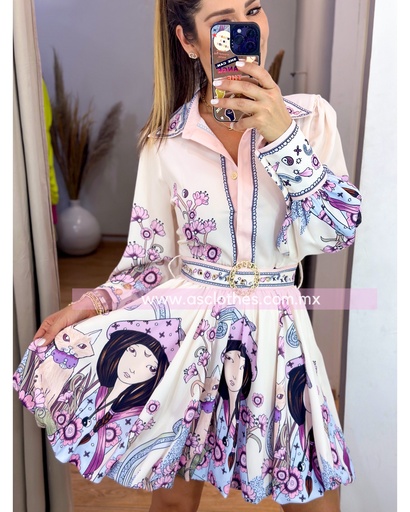 MINI DRES VOLADITO  ESTAMPADO GATITO MANGA LARGA  CON CINTO 