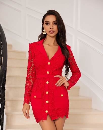 VESTIDO MIDI DE ENCAJE CON CINTO