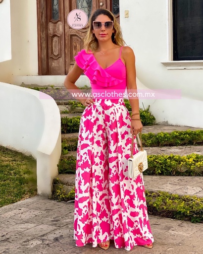 PANTALON PATA ELEFANTE MANCHAS ROSAS