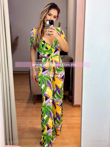PALAZZO MANGA CORTA ESCOTE V CON CINTO PRINT HOJAS