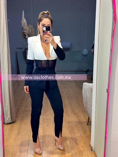 SET PANTALON BLAZER BICOLOR CON TRANSPERENCIA