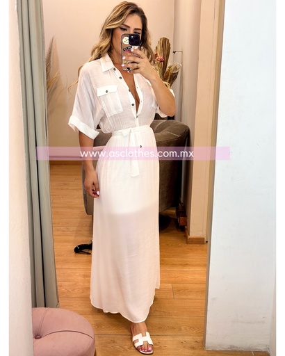 VESTIDO MANGA CORTA CON BOTONES Y CINTO TIPO LINO