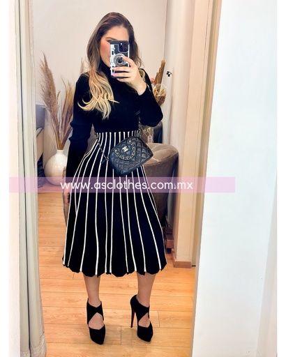 [17558] MIDIDRESS BICOLOR MANGA LARGA VOLADITO CON CUELLO ALTO